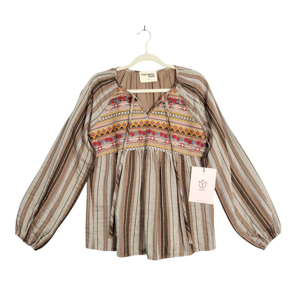 SAVANNA JANE Brown Striped Embroidered Top Boho Southwestern Hippie SIZE SMALL
